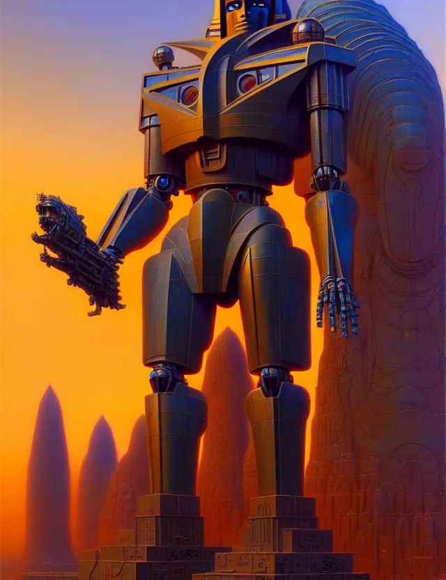 Prompt: a giant statue horus mecha, tim hildebrandt, wayne barlowe, bruce pennington, donato giancola, trending on artstation, cinematic composition, beautiful lighting, hyper detailed, 8 k, oil on canvas