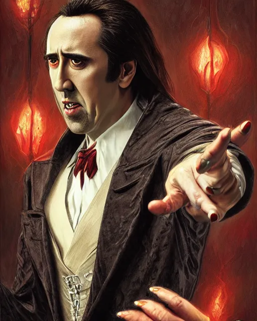 Image similar to nicolas cage as dracula, highly detailed, centered, artstation, concept art, smooth, sharp focus, illustration, bokeh art by artgerm and donato giancola and joseph christian leyendecker