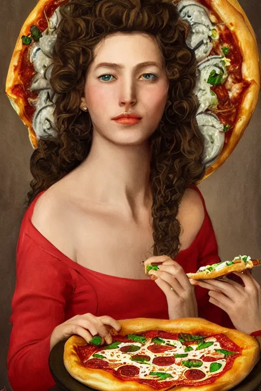 Image similar to a highly detailed queen margherita ( savoy ) eating!!! a pizza! margherita, full body, detailed painting by arturo faldi, trending on deviantart, octane, masterpiece