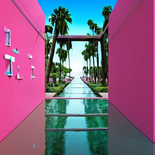 Image similar to hyperrealistic geometric objects in a surreal minimalistic 8 0's dreamscape environment by salvador dali, enormous emoji, highly detailed, 3 d render, octane, beautiful lighting, photorealistic, intricate, elegant, wayne barlowe, water, mirrors, pink doorway, beautiful, masterpiece, trending on artstation, palm tree