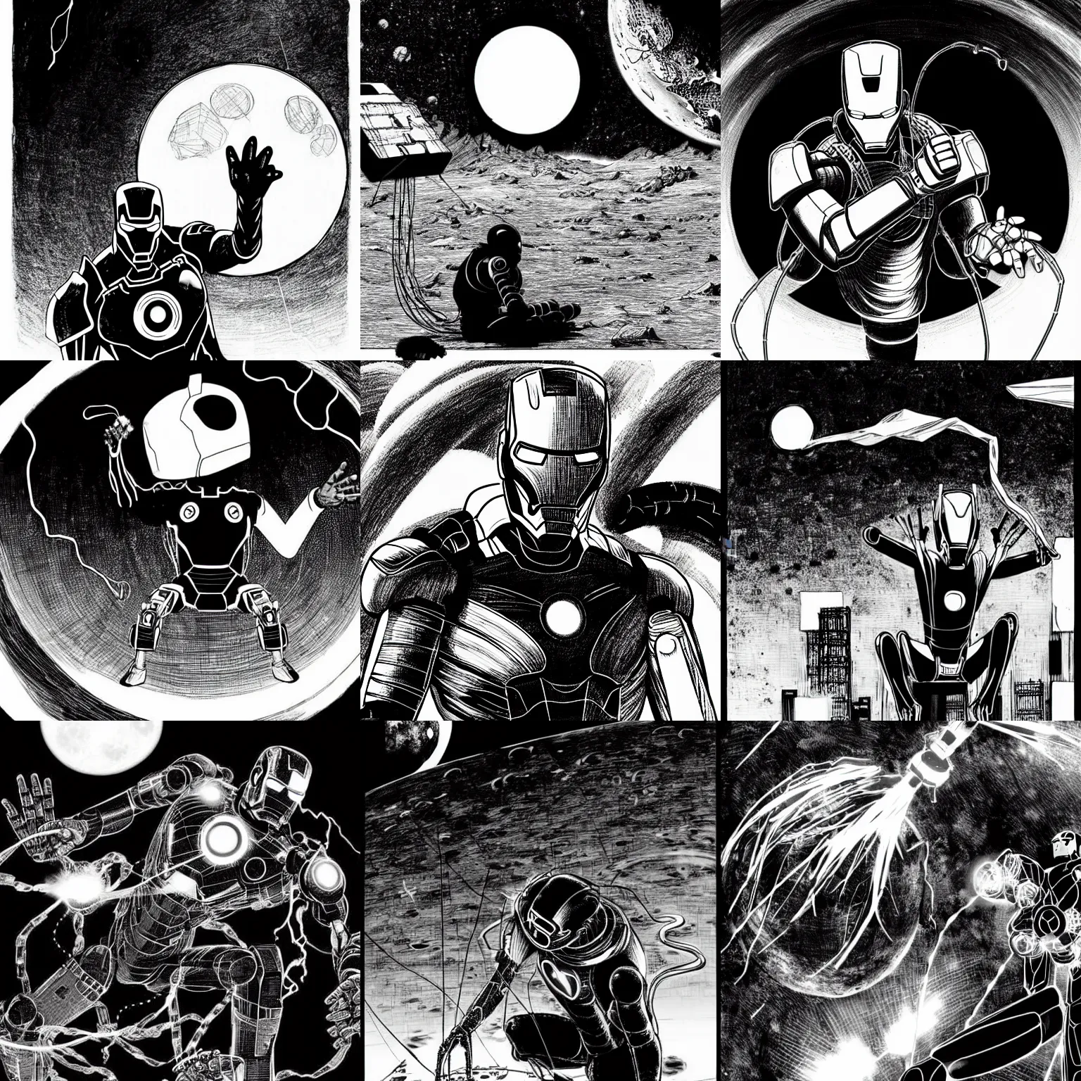 Prompt: black and white sad iron man with wires eats banana on hands on the destroed moon, wires earth background, by tsutomu nihei