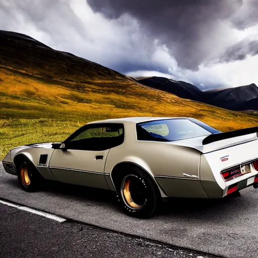 Image similar to pontiac firebird trans - am driving towards the camera, norway mountains, cinematic, volumetric lighting, foggy, wide shot, low angle, large lightning storm, thunder storm, tornado