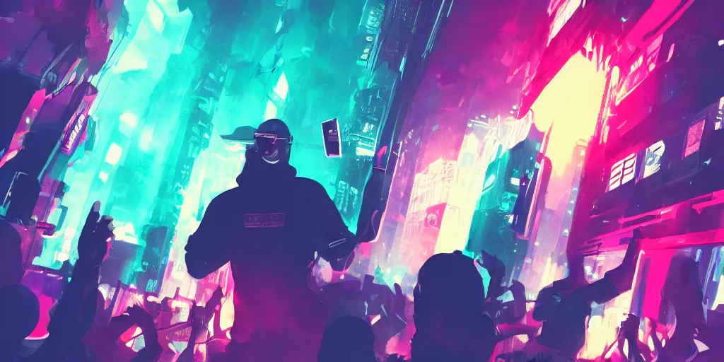 Prompt: rapping into microphone, silhouette, huge crowd, cyberpunk, hip hop, digital art, Aurora borealis, trending on Artstation, professional artist, detailed, 4k