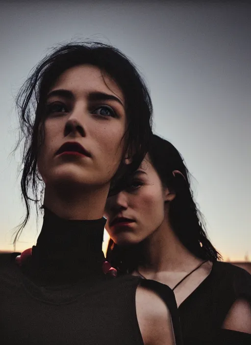 Image similar to cinestill 5 0 d photographic portrait of two loving female androids wearing rugged black techwear on a desolate plain with a red sky in front of a brutalist dark metal facility, extreme closeup, cyberpunk style, dust storm, 8 k, hd, high resolution, 3 5 mm, f / 3 2, ultra realistic faces, ex machina