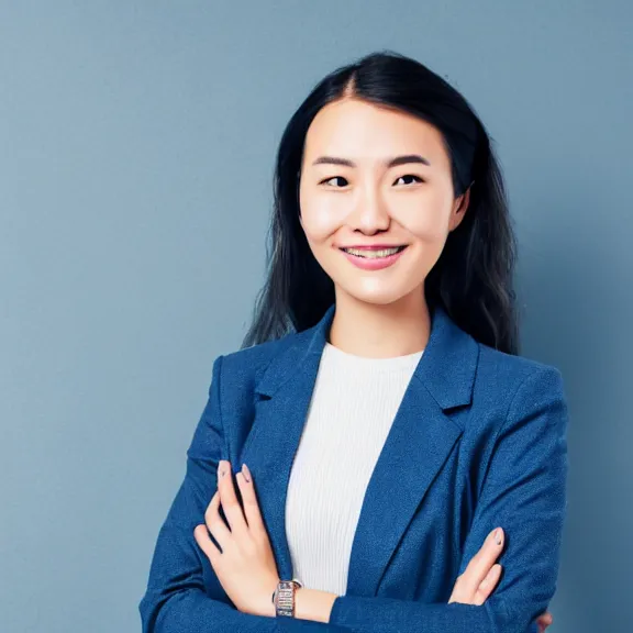 Prompt: portrait of 2 5 - year - old business woman oval face with angle 9 0 ° centred looking away breading fresh air, strong spirit and look between serious and happy, background soft blue