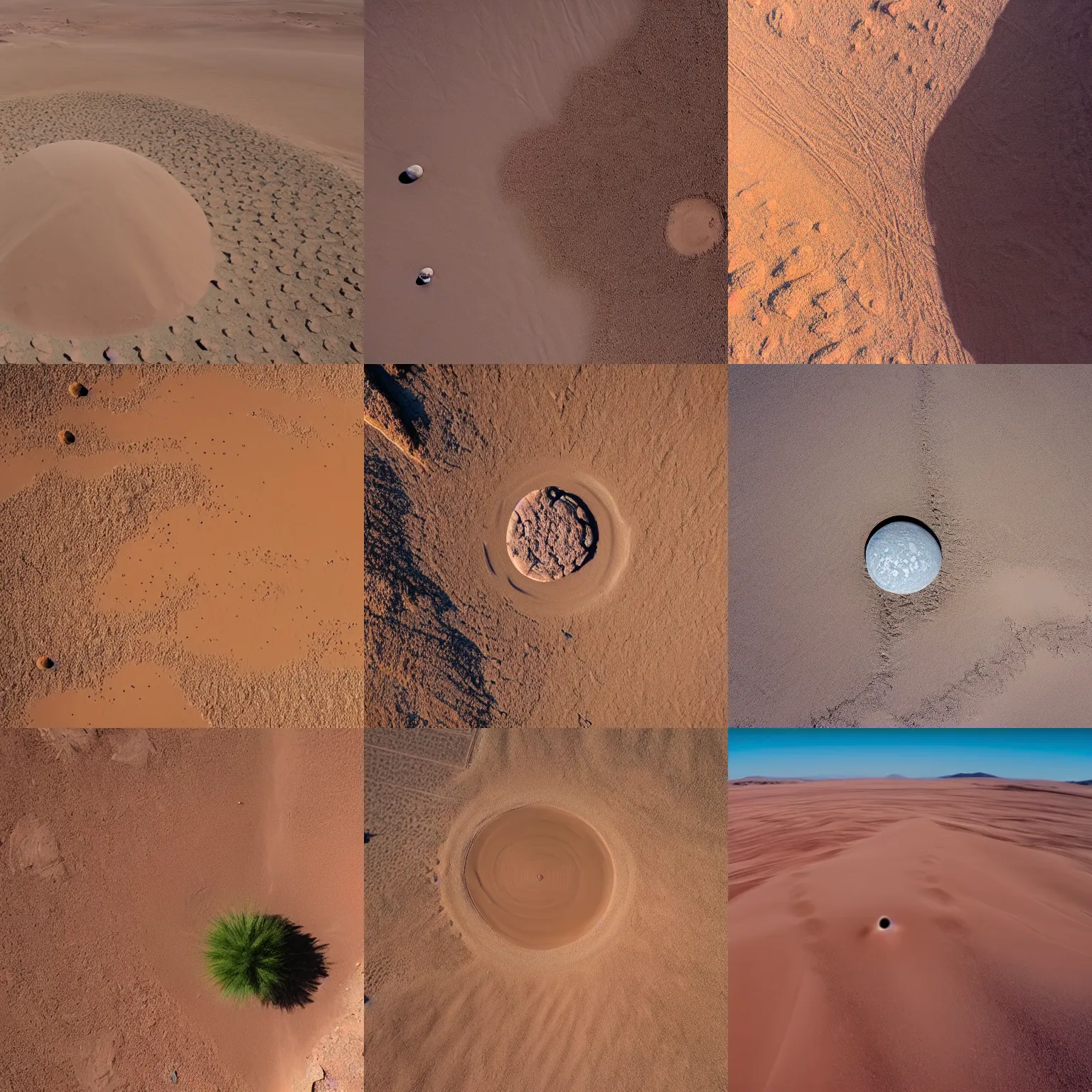 Prompt: a tiny earth in desert, drone footage