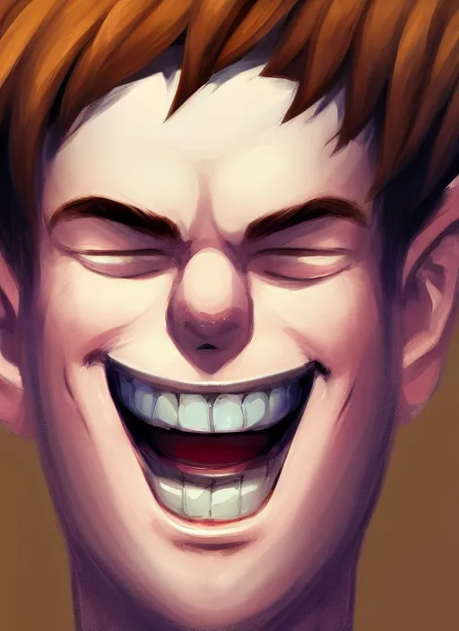 Prompt: medium shot of a white young man with a big smile, prominent big eyes, round portruding chin, plump lips, brown flowers, standout colours, sharp, highly detailed, simple lines, digital painting, artstation, concept art, matte, sharp focus, illustration, anime moe artstyle