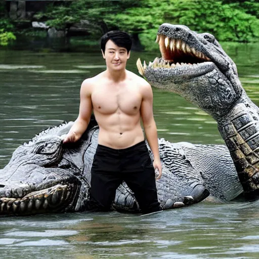 Prompt: korean handsome and strong man kills the giant crocodile