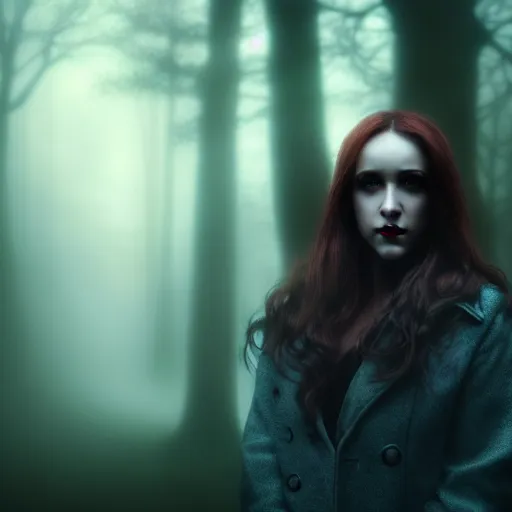 Image similar to Riveting Charismatic brunette female vampire, portrait, atmospheric lighting, painted, intricate, Highgate cemetery, fog, cold, volumetric lighting, beautiful, blue moon light, sharp focus, ultra detailed, by Leesha Hannigan, Ross Tran, Thierry Doizon, Kai Carpenter, Ignacio Fernández Ríos