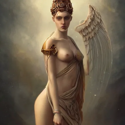 Image similar to By Tom Bagshaw, a very beautiful goddess of war female body portrait in bodysuit, symmetric body features proportions, intricate details, focus, realistic eyes looking at camera, golden ratio, ruins by night, award winning, unreal render