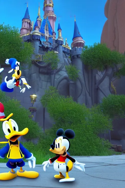 Prompt: screenshot of kingdom hearts 3, Disney and final fantasy crossover, donald duck and goofy npc characters, Kingdom hearts styled gameplay, unreal engine 4, kingdom hearts 3, kingdom hearts, cartoony lighting, disneyworld at kingdom hearts, Disney inspired setting with Sora and Donald in the scene, image of an action adventure rpg, magical fantasy l, artstationHD, stunning pixar graphics, rtx on, sharp focus, sors holding the kingdom key keyblade, detailed