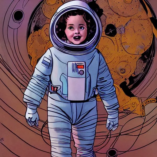 Image similar to a cute little girl with a mischievous face and short brown wavy curly hair. she is dressed as an astronaut. well composed, clean elegant painting, beautiful detailed face. comic book art by steve ditko and jack kirby and ( greg rutkowski )