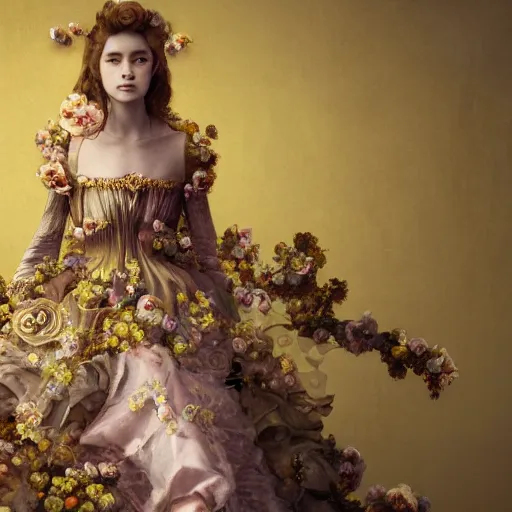 Image similar to 8k, octane render, realism, tonalism, renaissance, rococo, baroque, portrait of a young lady wearing long manga dress with flowers and skulls, background chaotic gold leaf flowers