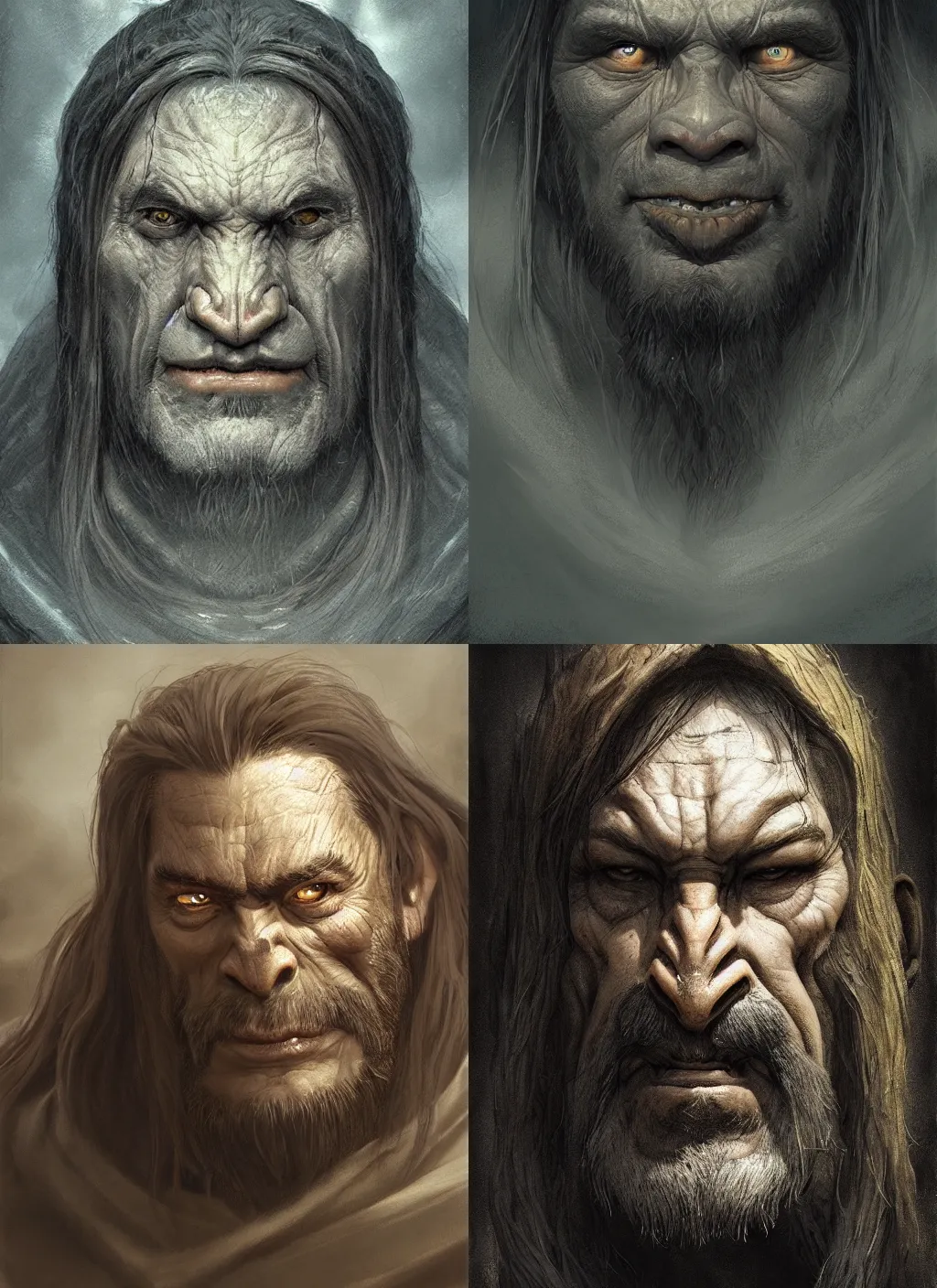 Image similar to portrait of a gentle and wise orc with long hairs in alan lee and marc simonetti and emil melmoth style , cinematic lighting