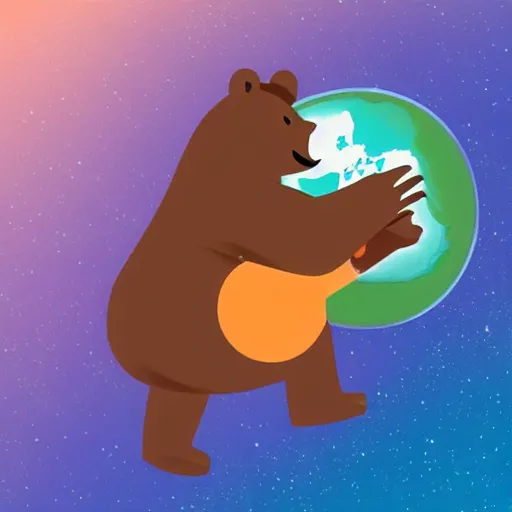 Image similar to cartoon illustration of a bear mascot being launched from a futuristic marble planet, purple and orange cloudland