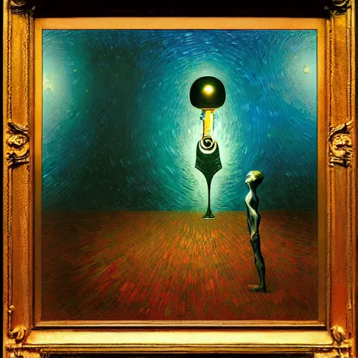 Image similar to Anton codes the first artificial general intelligence - award-winning artwork by Salvador Dali, Beksiński, Van Gogh and Monet. Stunning lighting