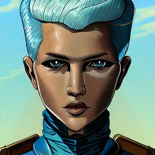 Image similar to intricate portrait, pure blue skin, short white hair, cinematic, in the style of enki bilal!