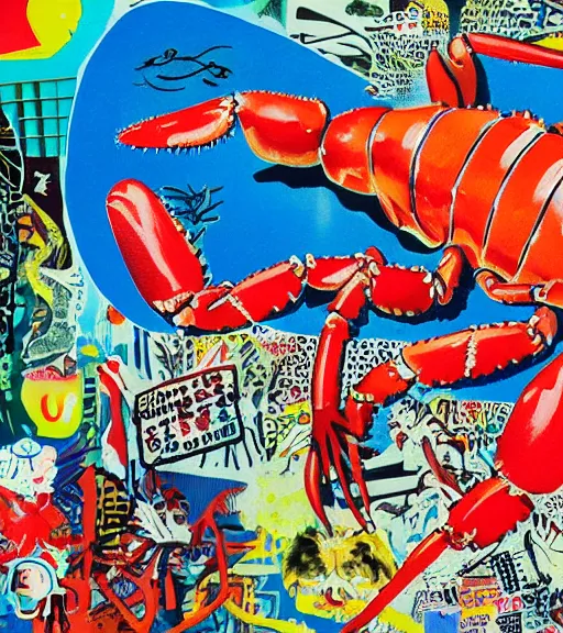 Prompt: acrylic painting of a bizarre nightmare lobster in front of an aquarium in tokyo, mixed media collage by basquiat and jackson pollock, maximalist magazine collage art, retro psychedelic illustration