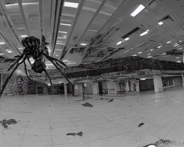 Prompt: camera footage of a Gigantic Spider Demon in an abandoned shopping mall, high exposure, dark, monochrome, camera, Unreal engine 5, grainy, CCTV, security camera footage, timestamp, zoomed in, fish-eye lens, Evil, spider, horrifying, lunging at camera :4