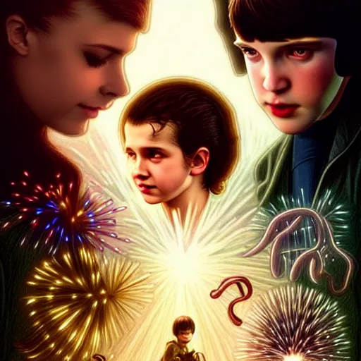 Prompt: Twilight version of Stranger Things, Portrait of Edward and Bella, diffuse lighting, fantasy, intricate, elegant, highly detailed, lifelike, photorealistic, digital painting, artstation, illustration, concept art, smooth, sharp focus, art by John Collier and Albert Aublet and Krenz Cushart and Artem Demura and Alphonse Mucha