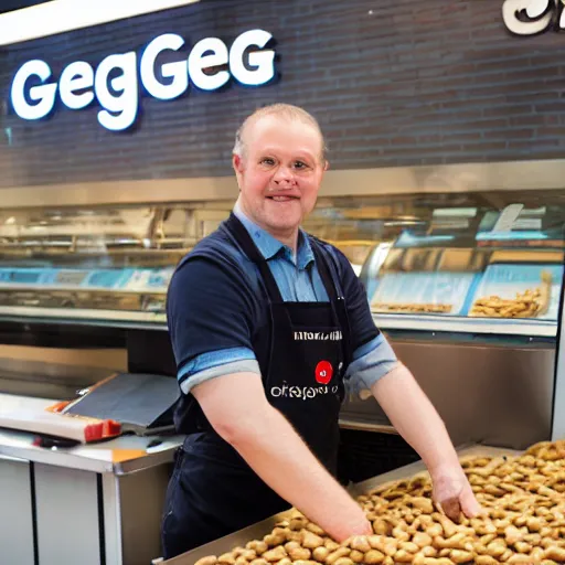 Prompt: fallguys bean at his saturday job working for greggs, photograph, documentary photography, sauage rolls