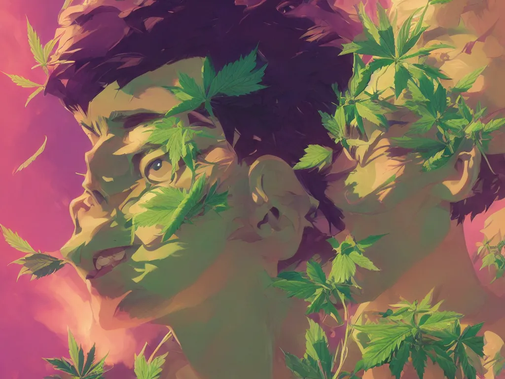 Image similar to kid with green purple flowers of marijuana hemp cannabis, behance hd by jesper ejsing, by rhads, makoto shinkai and lois van baarle, ilya kuvshinov, rossdraws global illumination, golden ratio, symmetrical beauty face