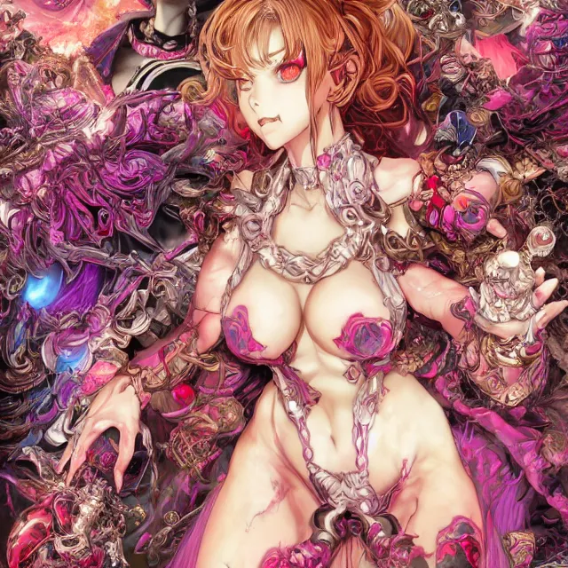 Prompt: the portrait of chaotic evil sensual female necromancer overlord as absurdly beautiful, gorgeous, elegant, corrupted anime idol, an ultrafine hyperdetailed illustration by kim jung gi, irakli nadar, intricate linework, bright colors, octopath traveler, final fantasy, unreal engine 5 highly rendered, global illumination, radiant light, detailed and intricate environment