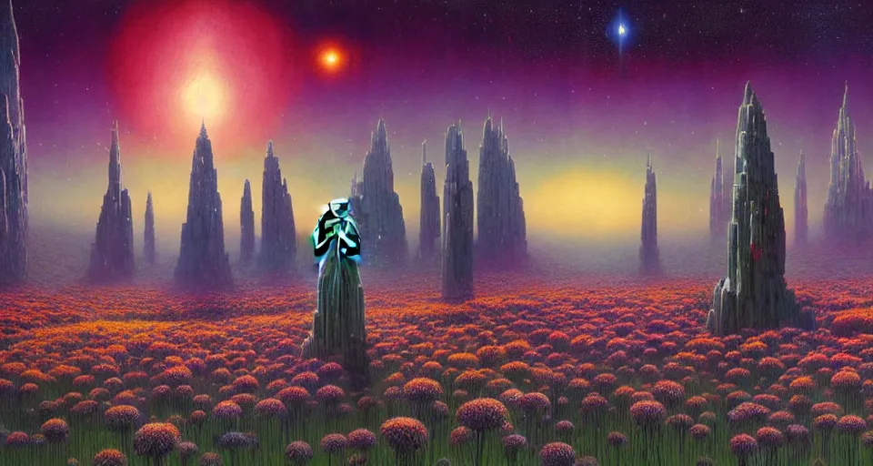 Prompt: a beautiful cinematic view of a large up close 3 d mystical alien shrine in a field of multicolored flowers, underneath a star filled night sky, harold newton, zdzislaw beksinski, donato giancola, warm coloured, gigantic pillars and flowers, maschinen krieger, beeple, star trek, star wars, ilm, atmospheric perspective