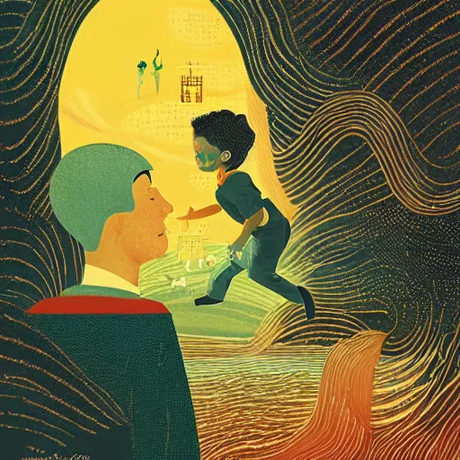 Image similar to a son admiring his father, joyful, illustration by victo ngai, studio muti, malika favre