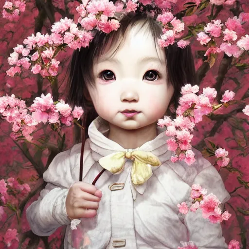 Prompt: the portrait of an absurdly cute, graceful, elegant, young japanese baby girl made of cherry flowers and petals, an ultrafine hyperdetailed illustration by kim jung gi, irakli nadar, intricate linework, bright colors, octopath traveler, unreal engine 5 highly rendered, global illumination, radiant light, detailed and intricate environment