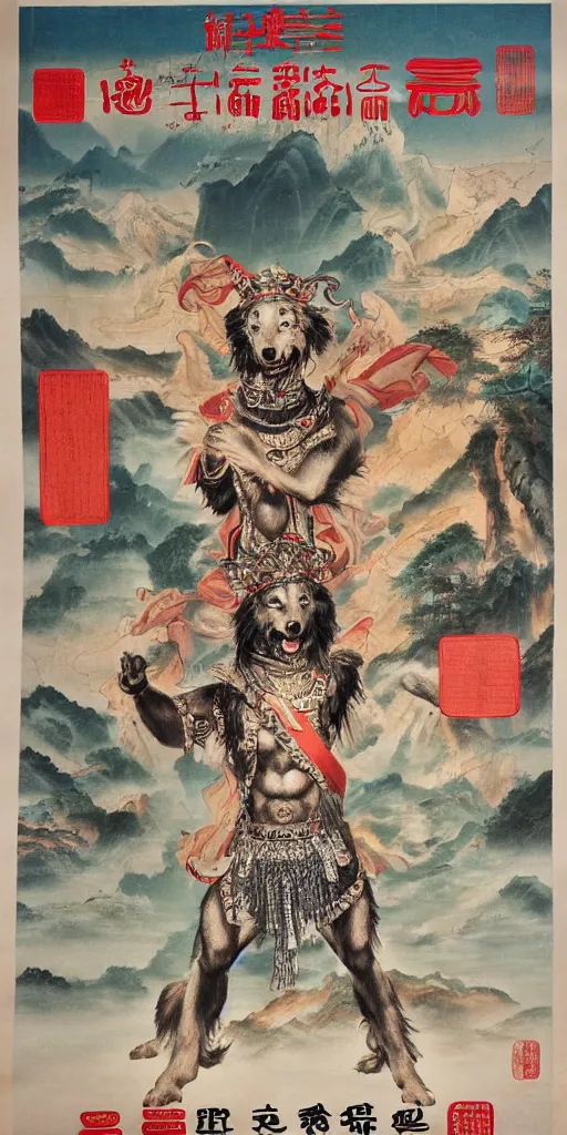 Image similar to chinese propaganda poster with dog as a god as the centerpiece, detailed face, gorgeous, amazing, flowing hair, very muscular male body, caesar victorious, proud emperor, crepuscular ray, intricate, highly detailed