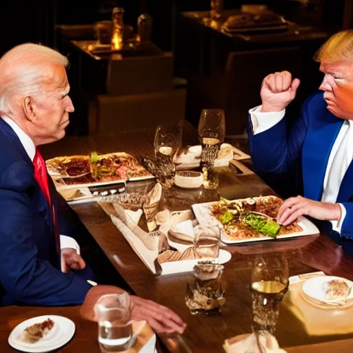 Image similar to donald Trump and joe Biden having dinner at a fancy Balinese restaurant, award winning photography, 85mm, perfect faces