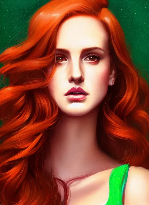 Image similar to full body portrait of teenage cheryl blossom, bangs, green eyes, sultry expression, red hair, sultry smirk, bangs and wavy hair, bangs, intricate, elegant, glowing lights, highly detailed, digital painting, artstation, concept art, smooth, sharp focus, illustration, art by wlop, mars ravelo and greg rutkowski