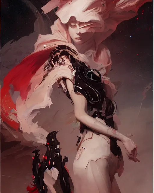 Image similar to masterpiece concept art, a beautiful highly detailed sci - fi renaissance lady, confident pose, by peter mohrbacher and jae lee, 8 k, intricate detail, cinematic lighting, red white and black colors