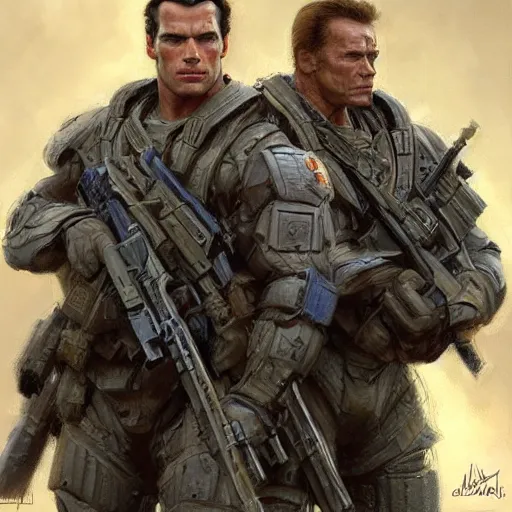 Image similar to Henry Cavill and Arnold Schwarzenegger as soldiers, closeup character art by Donato Giancola, Craig Mullins, digital art, trending on artstation