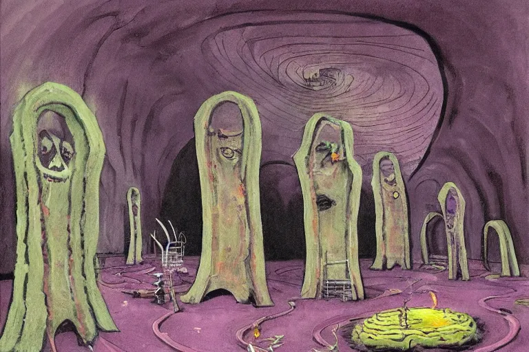 Prompt: subterranean necropolis in the style of dr. seuss, starships, painting by francis bacon