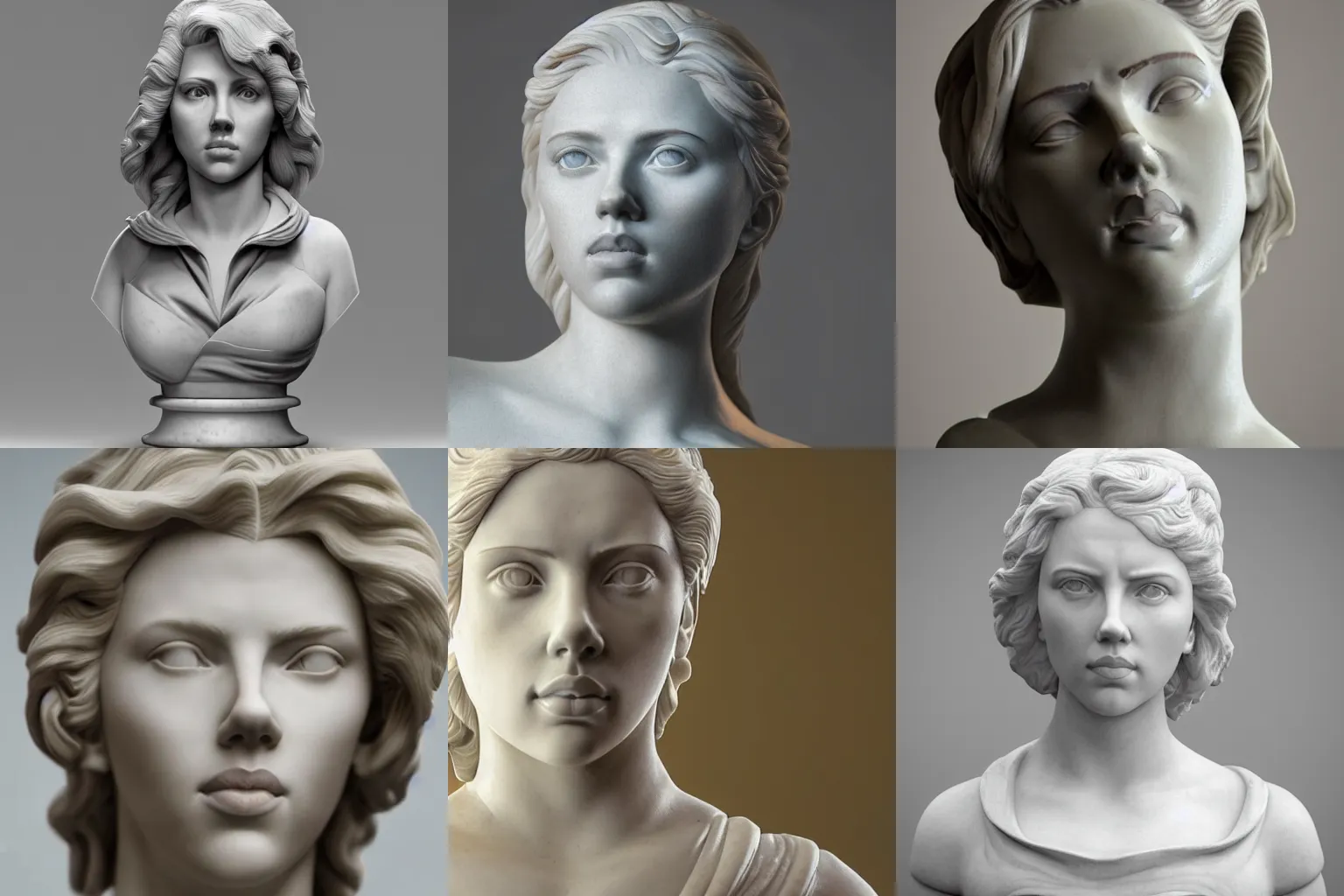 Prompt: a marble bust of actress Scarlett Johansson, made of Carrara marble, extremely detailed, 8K render, unreal engine, octane render, intricate, CGI, cgsociety, photograph, single subject, medium shot, shallow depth of field, by Gian Lorenzo Bernini