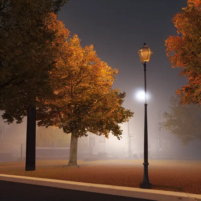 Prompt: night time photo of portsmouth new hampshire on halloween, tall maple trees along street, old street lamps, volumetric, realistic, cinematic lighting, ray tracing, unreal engine 5, octane render, hyper realistic, 8 k