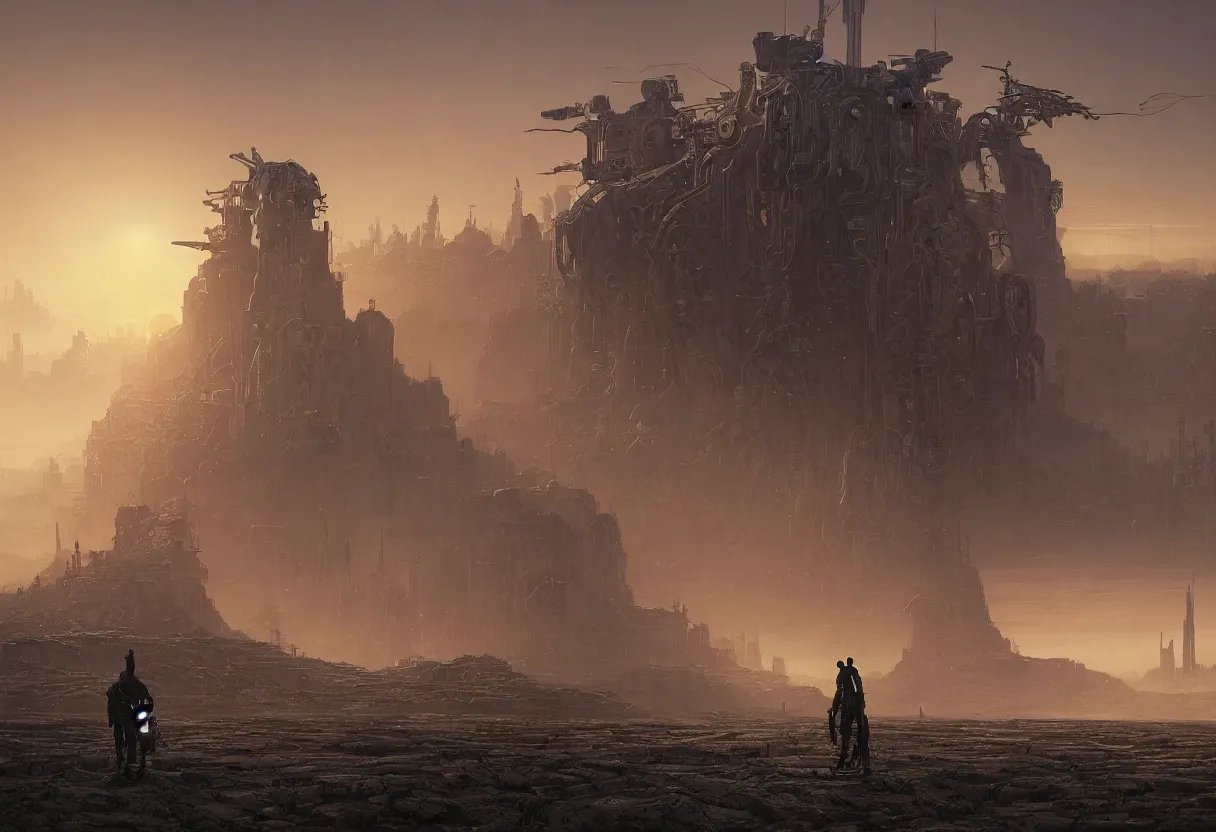 Image similar to cybernetic robot cowboy in a desolate wild west setting at sunset with a futuristic city on the horizon, by daniel - by greg rutkowski and raymond swanland hr giger and zdzislaw beksinski and alphonse mucha and moebius, matte painting, hyperdetailed, symmetry, art nouveau, beautiful render, concept art