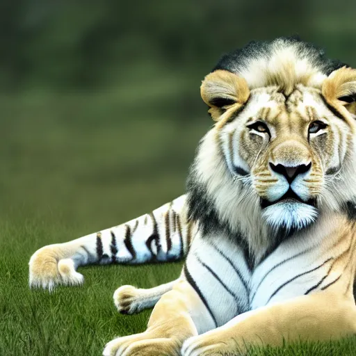 Prompt: a bright white hybrid of a lion and a tiger, 4k