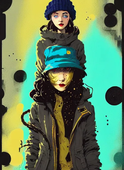 Image similar to highly detailed portrait of a sewer punk lady student, blue eyes, tweed hoody, hat, wavy hair by atey ghailan, by greg rutkowski, by greg, tocchini, by james gilleard, by joe fenton, by kaethe butcher, gradient yellow, black, brown and cyan color scheme, grunge aesthetic!!! ( ( graffiti tag street background ) )