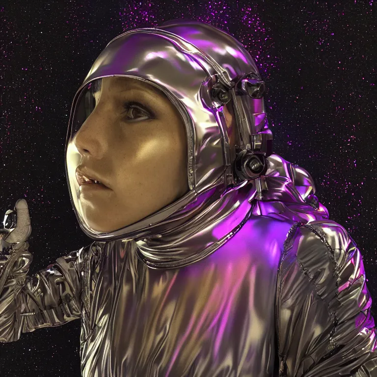 Image similar to octane render portrait by wayne barlow and carlo crivelli and glenn fabry, subject is a woman covered in tie - dye aluminum foil space suit with a iridescent metallic space helmet, inside a dark gothic rococo palace, cinema 4 d, ray traced lighting, very short depth of field, bokeh