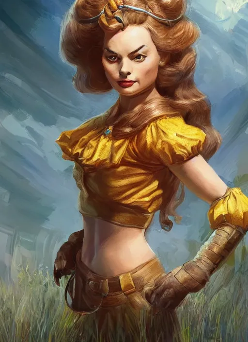 Image similar to beautiful female dorothy gale, margot robbie as dorothy, full body character concept, armor, super powers, fantasy, intricate, elegant, highly detailed, digital painting, artstation, concept art, shining, sharp focus, illustration, art by stanley lau