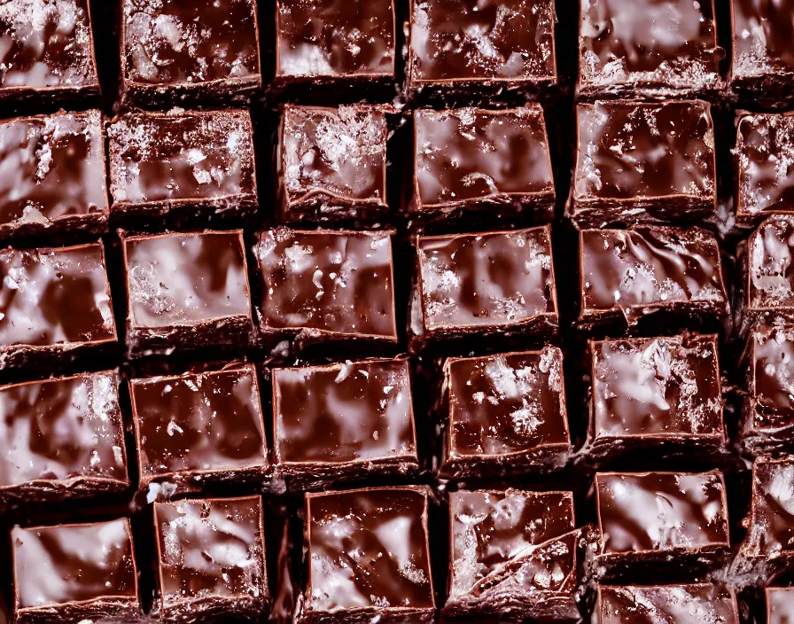 Image similar to chocolate bar melting on ice cubes, 33mm photograph