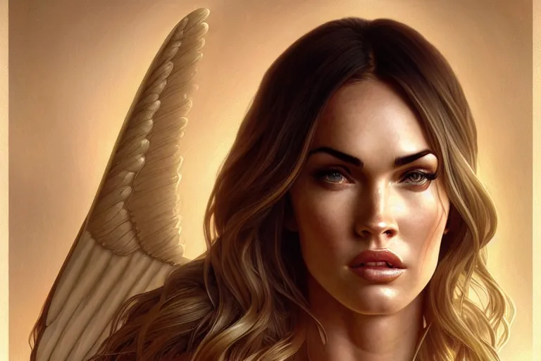 Prompt: portrait of megan fox as an blonde angel, wings, intricate, headshot, highly detailed, digital painting, artstation, concept art, sharp focus, cinematic lighting, illustration, art by artgerm and greg rutkowski, alphonse mucha, cgsociety