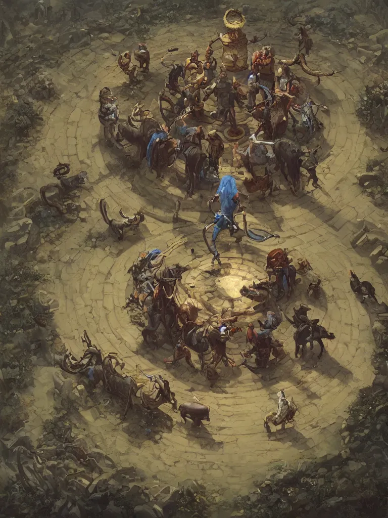 Image similar to a cowboy druid snake oil salesman standing in a circle at the bull run at the beginning of the world by peter mohrbacher and james jean