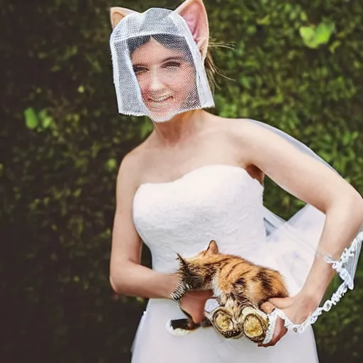 Image similar to cute kitten with a beard wearing bride veil and tennis shoes