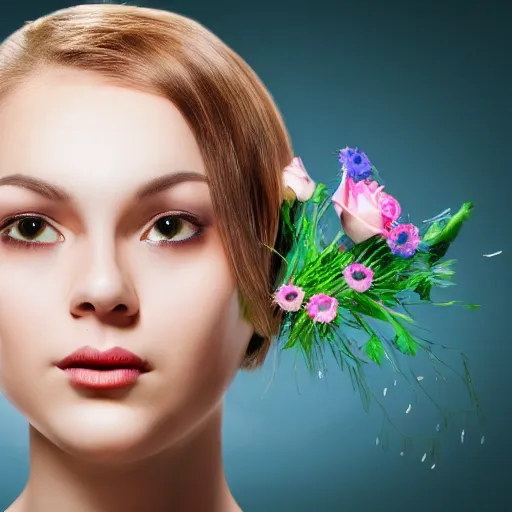 Prompt: female android face with flowers instead of antennas