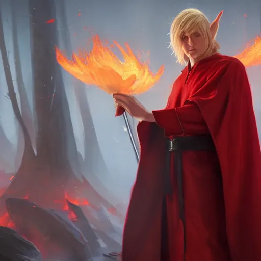 Prompt: middle adged blonde male elf wizard in red robes holding staff, surrounded by fire, epic wallpaper, high fantasy, trees, intricate detail, digital painting, artstation, concept art, smooth, sharp focus, illustration, art by greg rutkowski and wlop and raymond swanland and ross tran