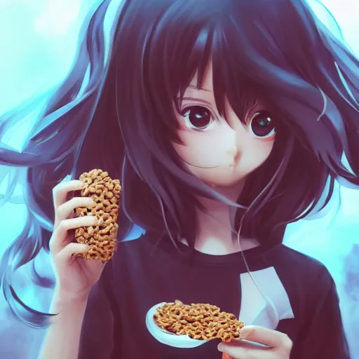 Image similar to semi realistic anime illustration of an emo catgirl eating Cheerios, facing camera directly, full face portrait made by Stanley Artgerm, WLOP, Rossdraws, James Jean Andrei Riabovitchev, Marc Simonetti, Yoshitaka Amano, Artstation